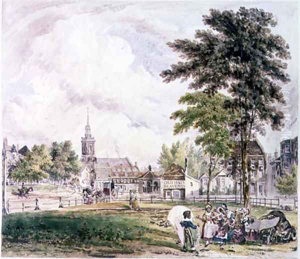 Islington Green: View towards the Church Oil Painting by Robert Blemell Schnebbelie