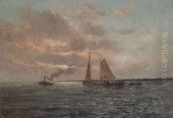 Marine With Steamer And Yacht Oil Painting by Romain Steppe