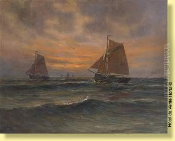 Bateaux De Peche Au Coucher Du Soleil Oil Painting by Romain Steppe