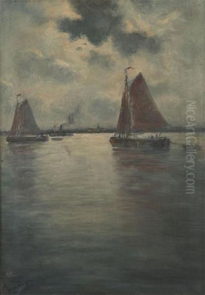 Yachts On The River Schelde With Village At The Bank Oil Painting by Romain Steppe