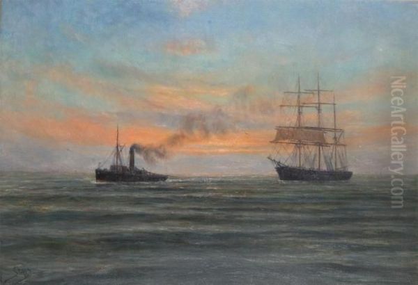 Marine With Steamer And Threemaster Oil Painting by Romain Steppe