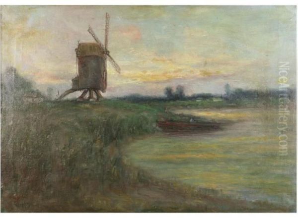 Landscape With Mill And Boat At Sunset Oil Painting by Romain Steppe