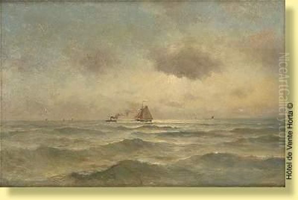 Voilier Et Vapeur En Mer Du Nord Oil Painting by Romain Steppe