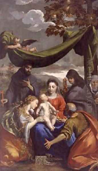 The Virgin and Child with Saints Mary Magdalene, Peter, Clare, and Francis and an Abbess 1600 Oil Painting by Sigismondo (Mondino) Scarsellino