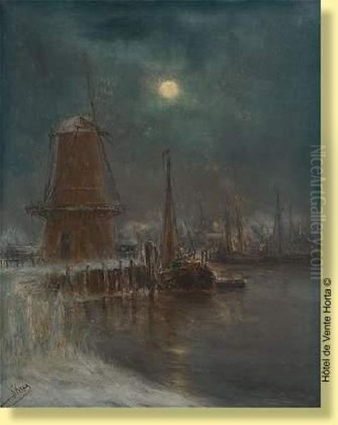 Lever De Lune Sur Le Moulin Oil Painting by Romain Steppe