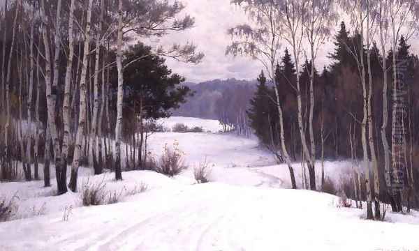 Woodland Trail in Winter Oil Painting by Boris Walentinowitsch Scherkow