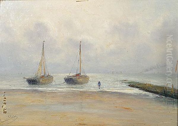 Zeilboten Aan Het Strand. Oil Painting by Romain Steppe