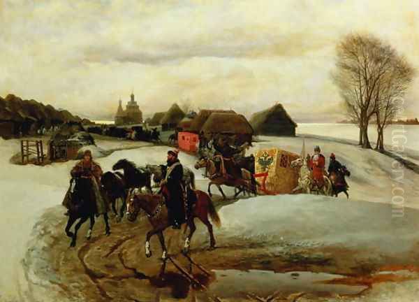 The Spring Pilgrimage of the Tsarina, under Tsar Aleksy Mihailovich, 1868 Oil Painting by Vyacheslav Grigorievich Shvarts