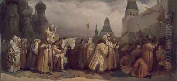 Palm Sunday at Moscow with Tsar Alexei Mikhailovich 1629-76 in a Patriarchal Procession, 1865 Oil Painting by Vyacheslav Grigorievich Shvarts