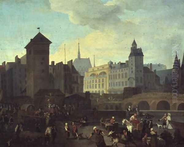 Quai de Gesvres, the Palais and Notre Dame Pump, c.1791 Oil Painting by Jacques Albert Senave