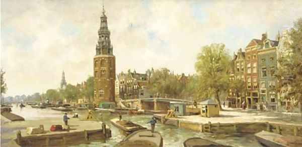 View on the Montelbaanstoren, Amsterdam Oil Painting by Johan Gerard Smits