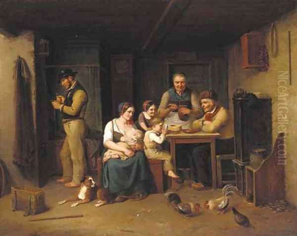 A family in an interior Oil Painting by Christian Andreas Schleisner