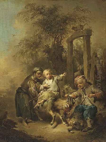 A young peasant family disporting with a billy goat in a farmyard Oil Painting by Joseph Conrad Seekatz