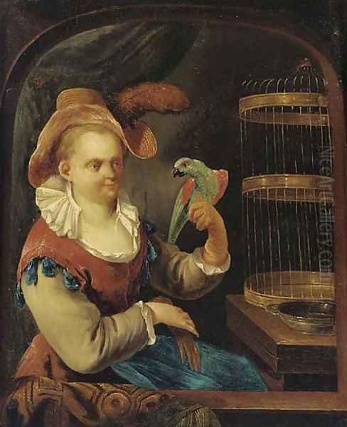 A lady with a parrot at a casement Oil Painting by Joseph Conrad Seekatz