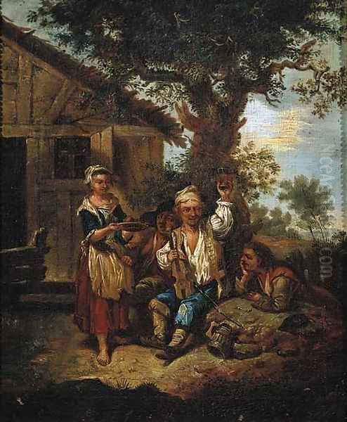 A violinist accompanied by travellers outside an inn Oil Painting by Joseph Conrad Seekatz