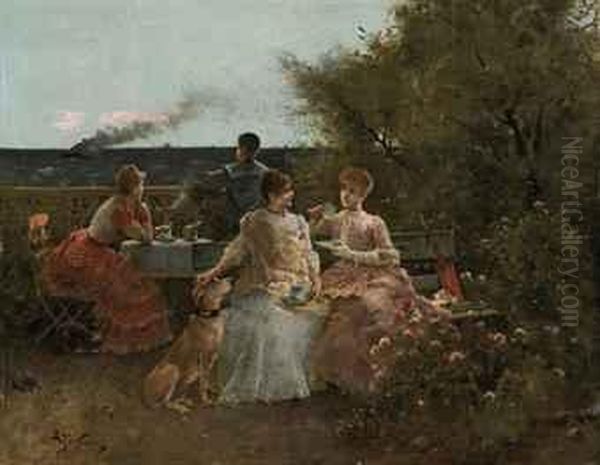 Ladies On A Terrace, Normandy Oil Painting by Aime Stevens