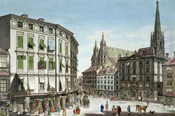 Stock-im-Eisen-Platz, with St. Stephans Cathedral in the background, engraved by the artist, 1779 Oil Painting by Schutz, Karl von