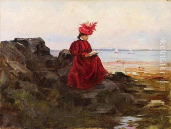 Elegante A La Lecture Sur La Plage Oil Painting by Aime Stevens