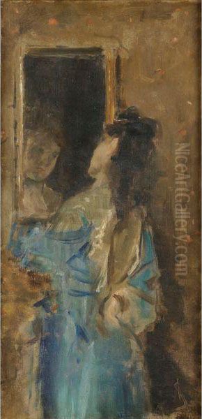 Femme En Bleu Se Regardant Dans Un Miroir Oil Painting by Aime Stevens