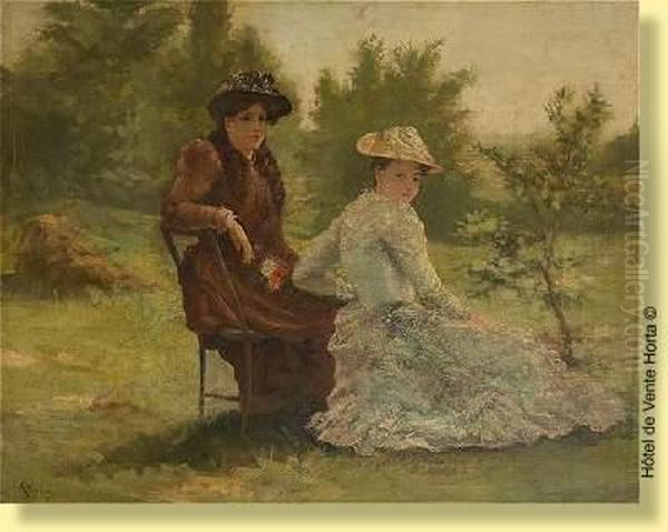 Deux Jeunes Femmes Conversant Dans Un Parc. Oil Painting by Aime Stevens