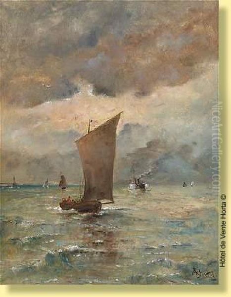 Marine Avec Bateau De Peche Et Vapeur Oil Painting by Aime Stevens