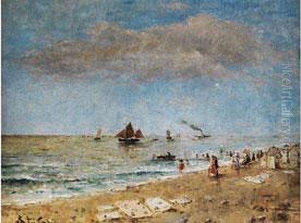 Meereskuste Mit Segelschiffen, Dampfer, Figurenstaffage Undbadehauschen Oil Painting by Aime Stevens