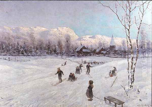 Norwegian Tobogganing Scene Oil Painting by A. Smith-Haigh