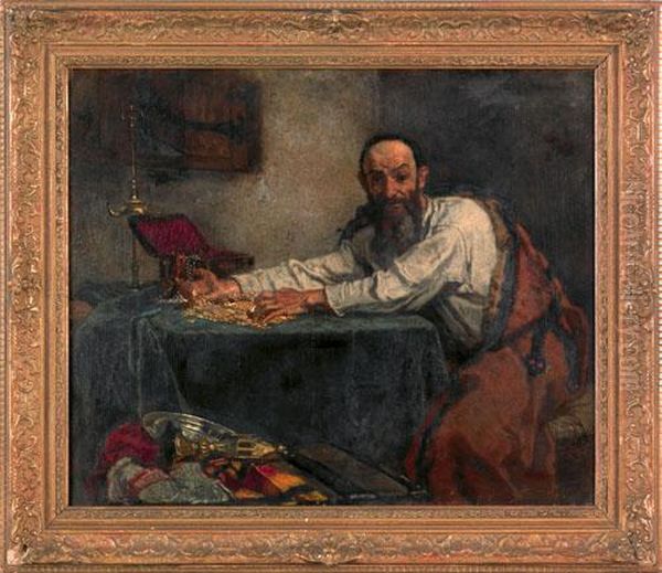 Depicting A Shylock Counting Gold At A Table Oil Painting by Aime Stevens