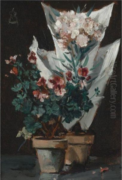 Still Life With Potted Geraniums Oil Painting by Aime Stevens