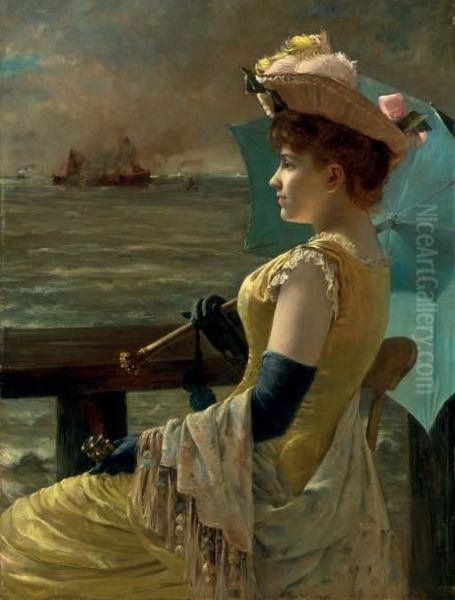 A Lady With A Parasol Looking Out To Sea Oil Painting by Aime Stevens