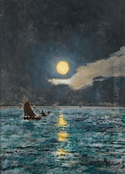 Barques De Peche Au Clair De Lune Oil Painting by Aime Stevens