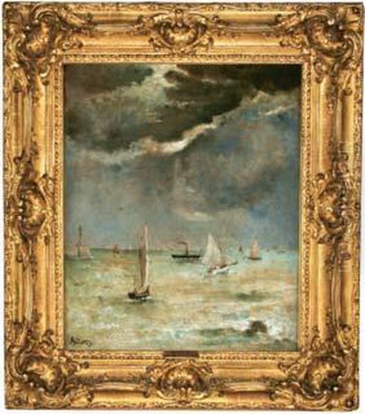 Barques De Peche Quittant Le Port, Voiles Deployees Oil Painting by Aime Stevens