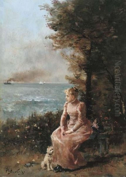 A Young Girl Seated By A Tree Oil Painting by Aime Stevens