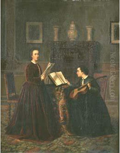 Deux Femmes Musiciennes Dans Un Salon. Oil Painting by Aime Stevens