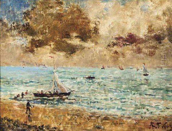 Sailing Vessels Off The Seashore Oil Painting by Aime Stevens