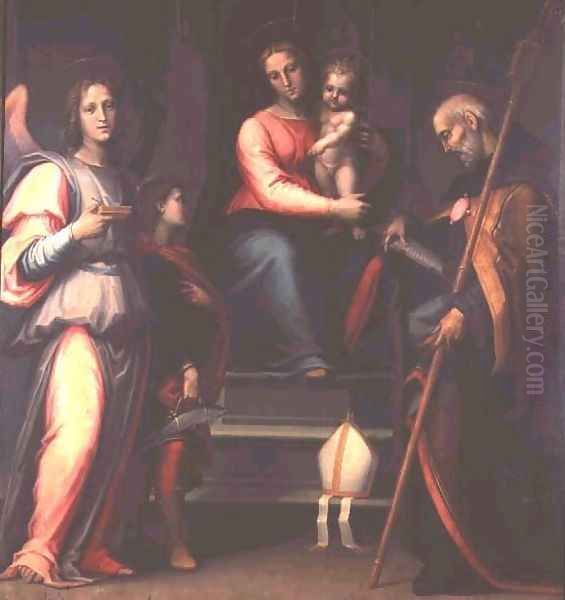 Madonna and Child with Saints Augustine, Tobias and the Archangel Raphael Oil Painting by Bartolommeo Sogliani