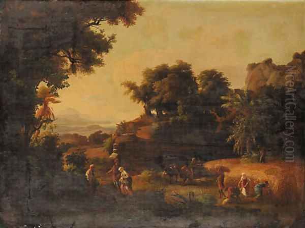 An Italianate river Landscape at Sunset with Ruth meeting Boaz Oil Painting by French School