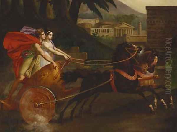 A charioteer with a maiden, classical Roman temples and other buildings beyond Oil Painting by French School