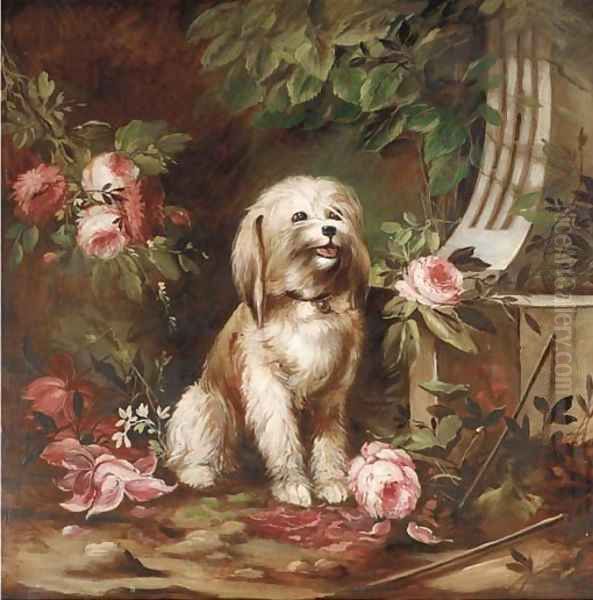 A terrier in a rose bower Oil Painting by French School