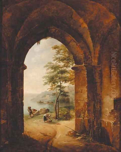 A Gothic archway with peasants unloading a boat in a river landscape Oil Painting by French School