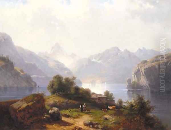 Neatherds by a lake in a mountainous landscape Oil Painting by French School