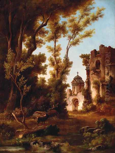 A stag by a ruin Oil Painting by French School