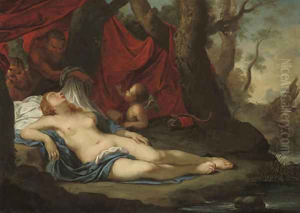 A wooded river landscape with two satyrs discovering the sleeping Diana with Cupid Oil Painting by French School