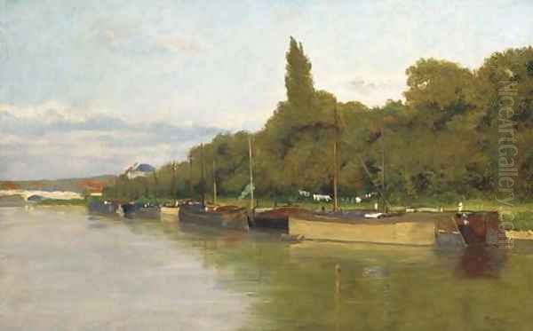 Barges moored on a riverbank Oil Painting by French School