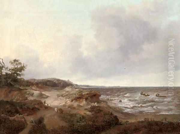 A coastal landscape with a shepherd and his flock, fishermen in their boats out to sea Oil Painting by French School