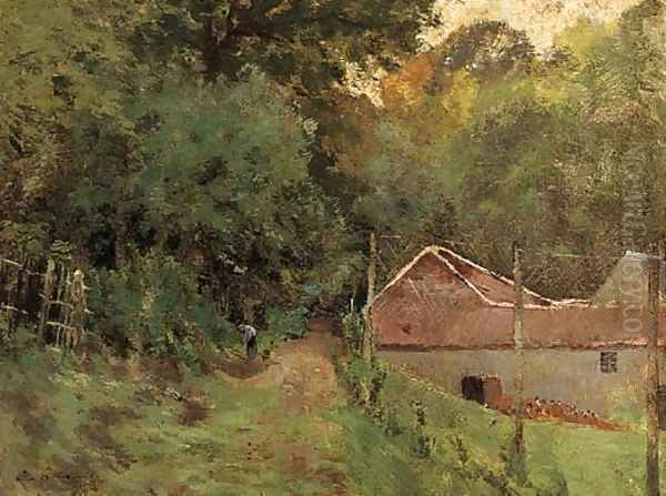 A figure on a wooded track by farm buildings Oil Painting by French School