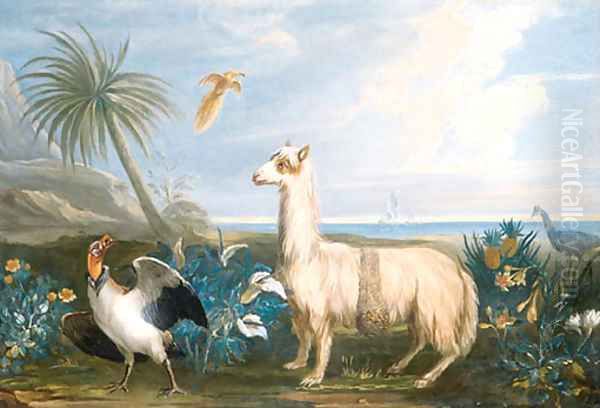 A Lama, a Dodo and other exotic Birds in a Tropical Landscape Oil Painting by French School