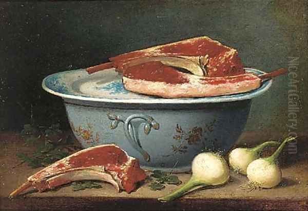 A pottery bowl, cuts of meat and onions on a table Oil Painting by French School