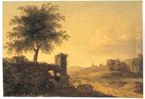 An extensive mountainous landscape at sunset, the ruins of a Roman tomb on a promontory in the foreground, a church beyond Oil Painting by French School