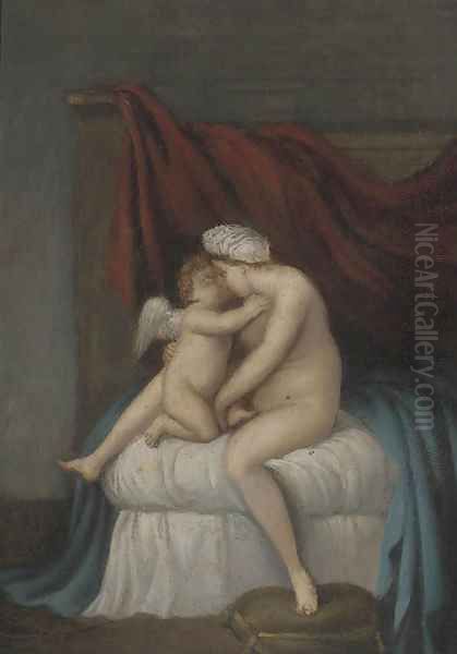 Cupid and Venus embracing on a bed Oil Painting by French School